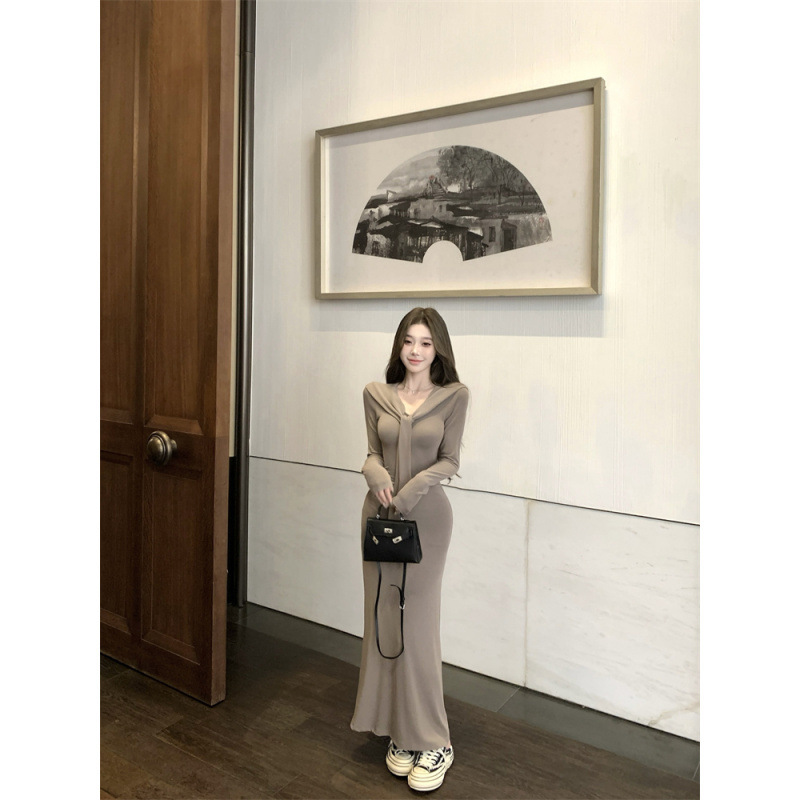 Elegant Patchwork Lace-Up Long-Sleeved Knitted Dress for Women, New Early Autumn Style, Waist-Cinching Slimming Long Dress, Women's Clothing, Cross-Border Hot Selling