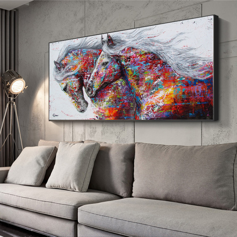 Modern poster print graffiti two running horses wall art canvas painting animal picture living room home 2