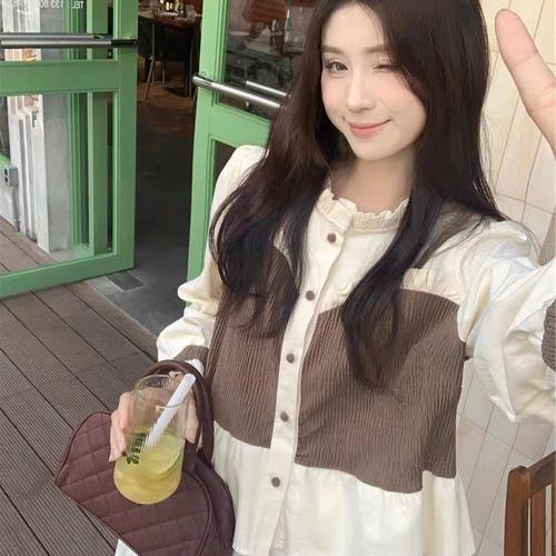 French retro design contrasting two-piece blouse, 2024 early spring new women's single-breasted multi-button long-sleeved top