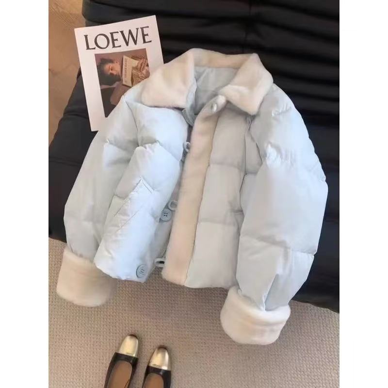 韩系奶蓝色羊羔毛拼接短款棉服女冬加厚保暖棉衣宽松显瘦外套上衣|undefined