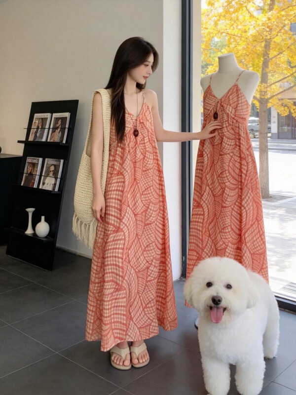 Elegant Vacation-Style Retro Suspender Dress for Women, Summer Orange Plaid V-Neck Dress, Loose Slimming A-Line Long Dress Elegant Vacation-Style Retro Suspender Dress for Women, Summer Orange Plaid V-Neck Dress, Loose Slimming A-Line Long Dress