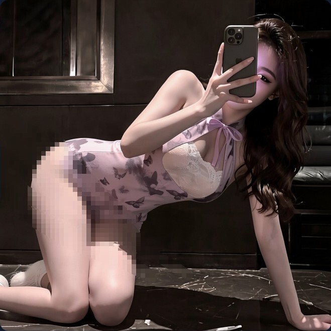 Huan Ye Lingerie Purple Butterfly Print Sexy Cheongsam Elegant Slim Fit Pure Desire Long Dress Uniform Set Huan Ye Lingerie Purple Butterfly Print Sexy Cheongsam Elegant Slim Fit Pure Desire Long Dress Uniform Set