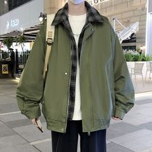 春秋百搭上衣青少年款外套拼接假两件工装夹克男士休闲翻领潮黑色