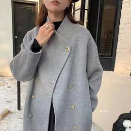 高版本新款韩版秋冬双排金色扣立领长款宽松双面呢羊毛大衣外套女