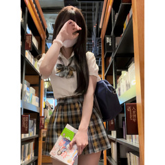 JK 制服チェック柄スカートホットガール犬ショートプリーツスカート日本の学校スタイル学生ウエストシャツスーツ
