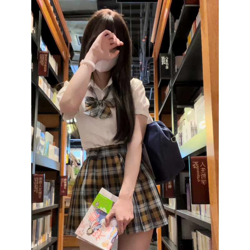 JK 制服チェック柄スカートホットガール犬ショートプリーツスカート日本の学校スタイル学生ウエストシャツスーツ|undefined