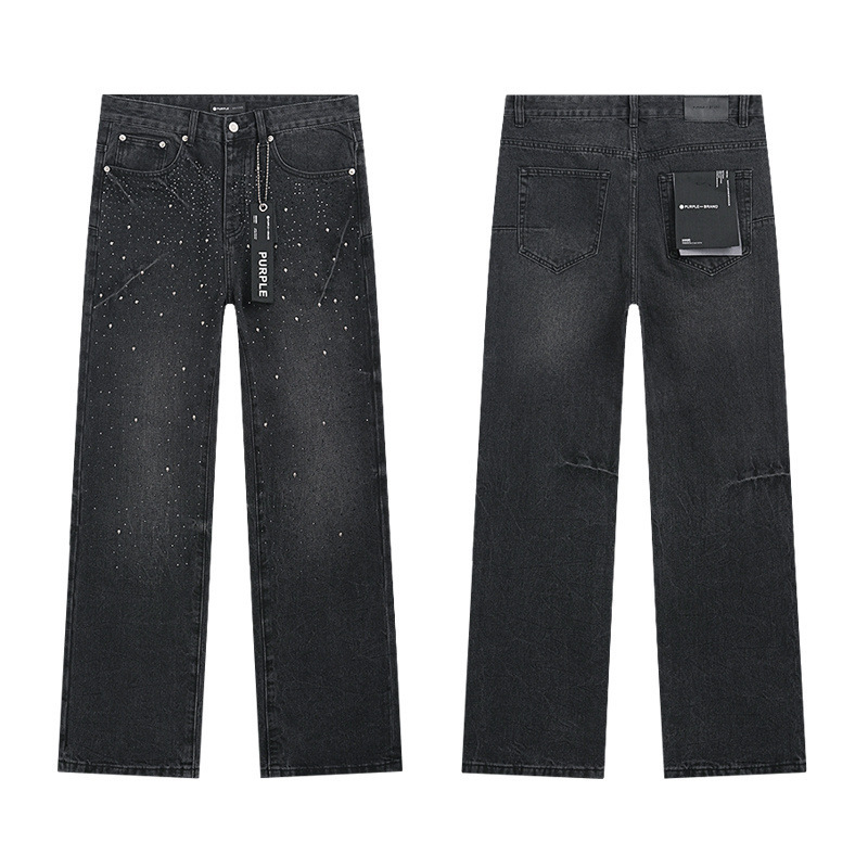 高品质PURPLE&AMIRI牛仔裤美式Jeans高街破洞补丁嘻哈直筒长裤男|undefined