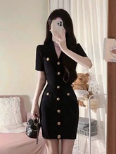 黑色V领连衣裙女夏季新款小香风高级感法式气质修身显瘦减龄裙子