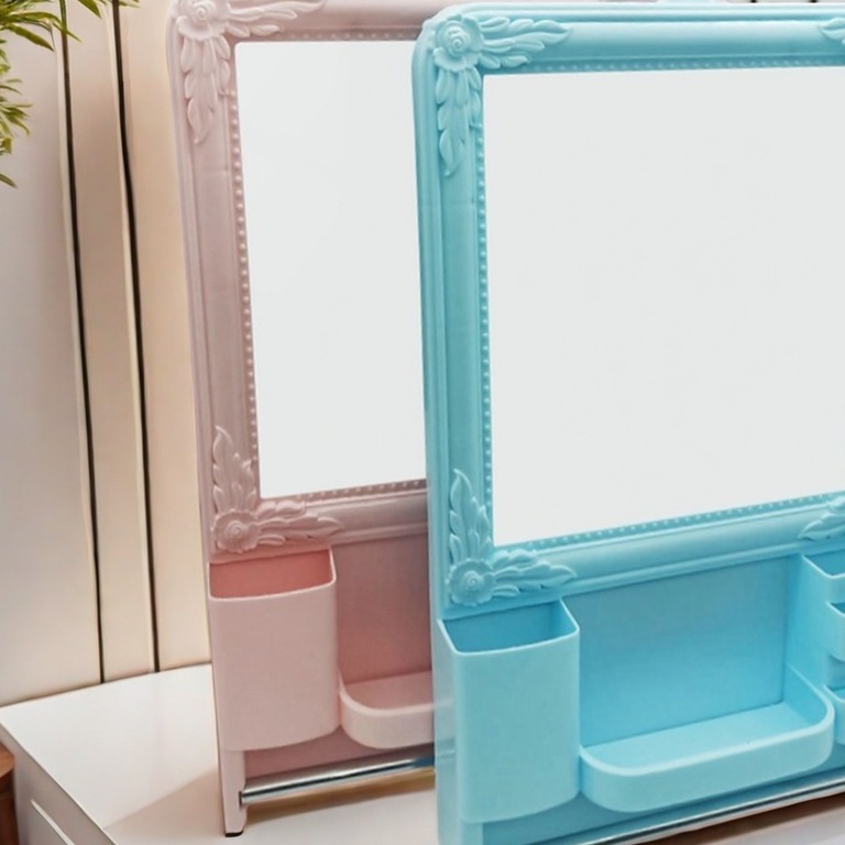Rental House Dormitory Mirror Makeup Mirror Bathroom Wall-Mounted Simple Vanity Mirror with Shelf Wall-Mounted Mirror Plastic Mirror