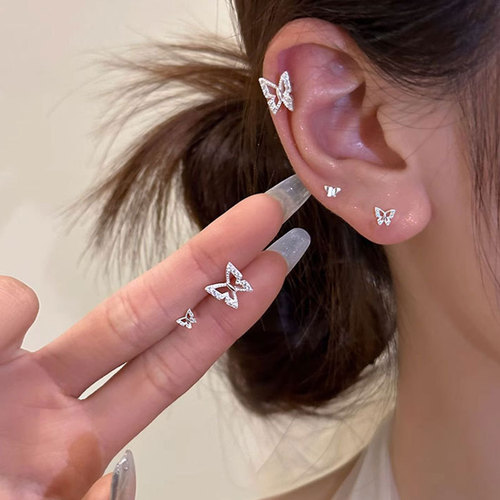Ganjia S925 sterling silver butterfly earrings women's ear piercing zircon ear bone nail earrings  new earrings summer