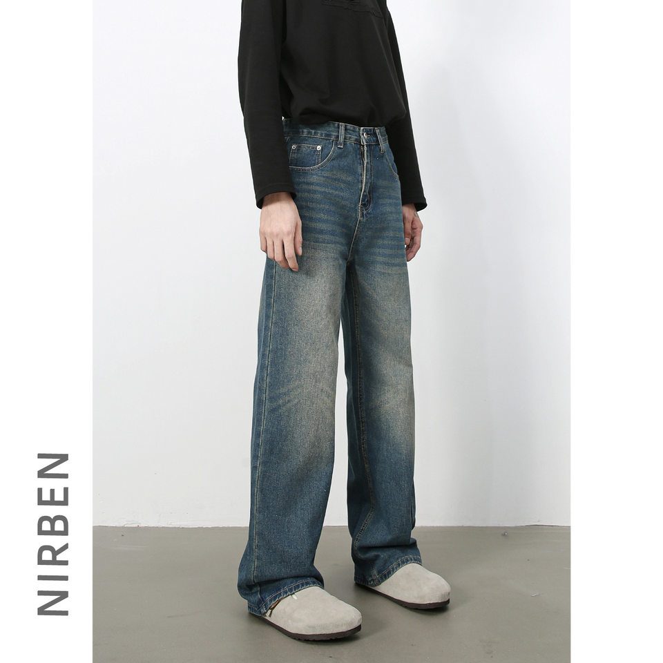 Quần jean nam ống rộng suông thẳng phong cách Mỹ, denim wash đơn giản — màu xanh, màu xanh nhạt