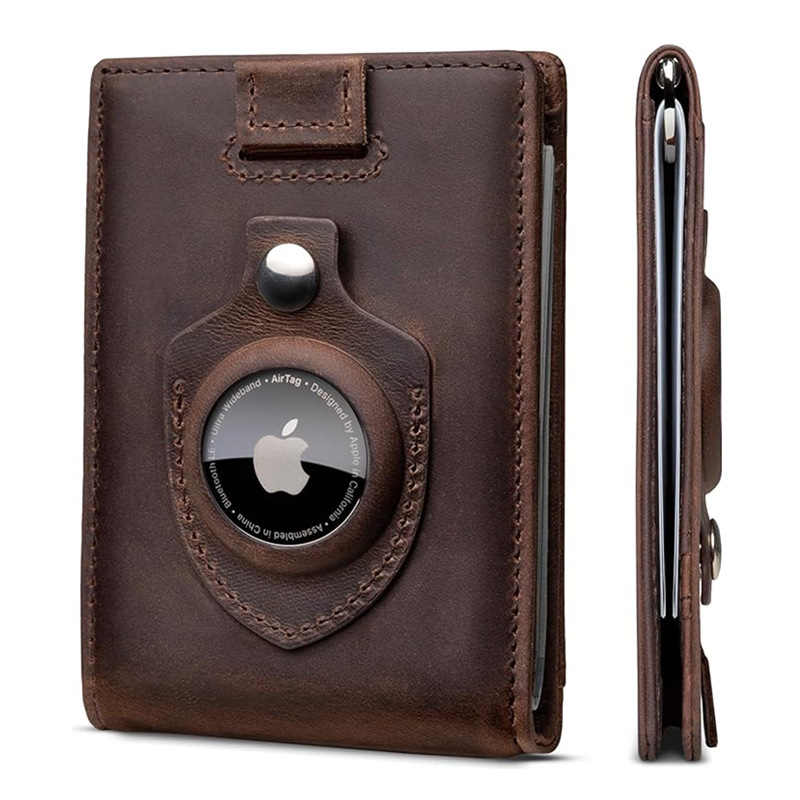 European and American men's business bifold wallet, short retro style, with AirTag tracker compartment, and pull-out card slots