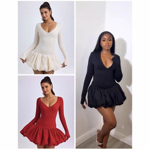 亚马逊跨境欧美新款U领低胸性感紧身包臀长袖纯色蓬蓬连衣裙女装