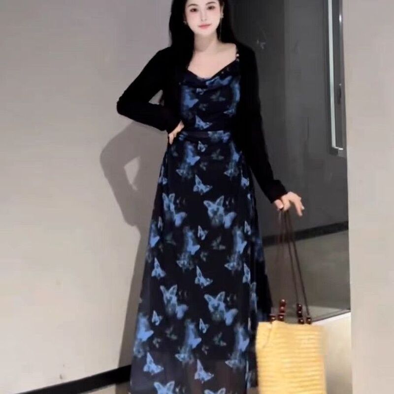 Plus Size Fat mm Summer New Slimming Look Waist Design Cardigan Mesh Suspender Dress Two-Piece Set Plus Size Fat mm Summer New Slimming Look Waist Design Cardigan Mesh Suspender Dress Two-Piece Set