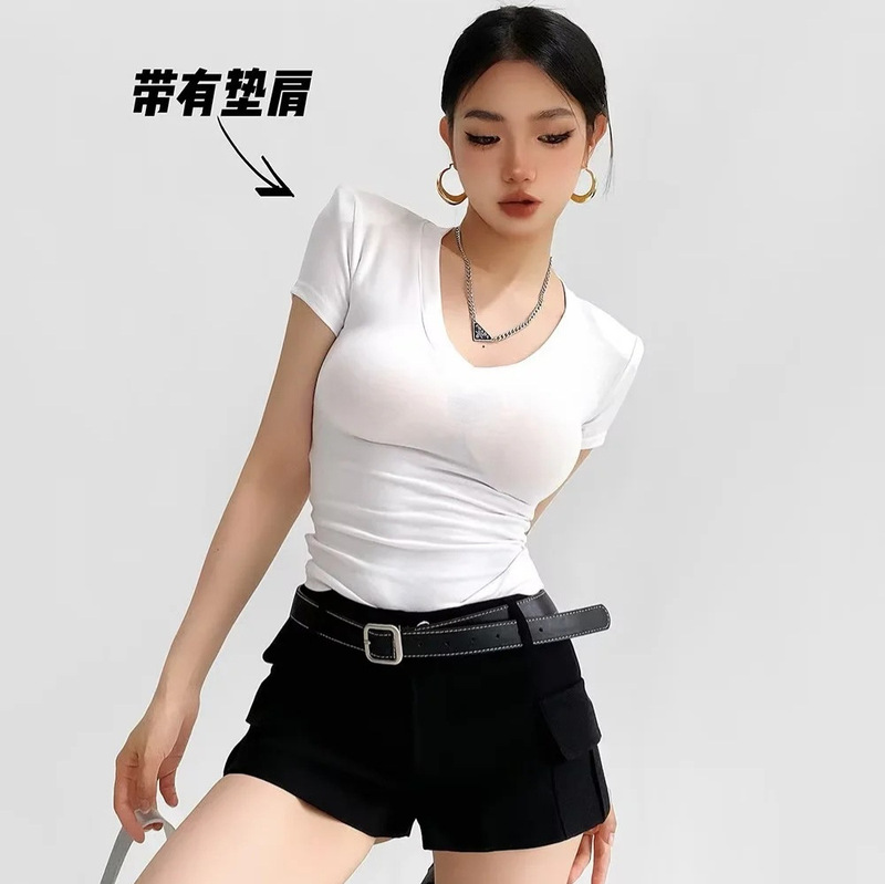 Basic Shoulder Short-sleeved V-neck T-shirt Women's Summer Slim-fit Joker Bag Body with Shoulder Pad Solid Color Shirt Cover Slimming Basic Shoulder Short-sleeved V-neck T-shirt Women's Summer Slim-fit Joker Bag Body with Shoulder Pad Solid Color Shirt Cover Slimming