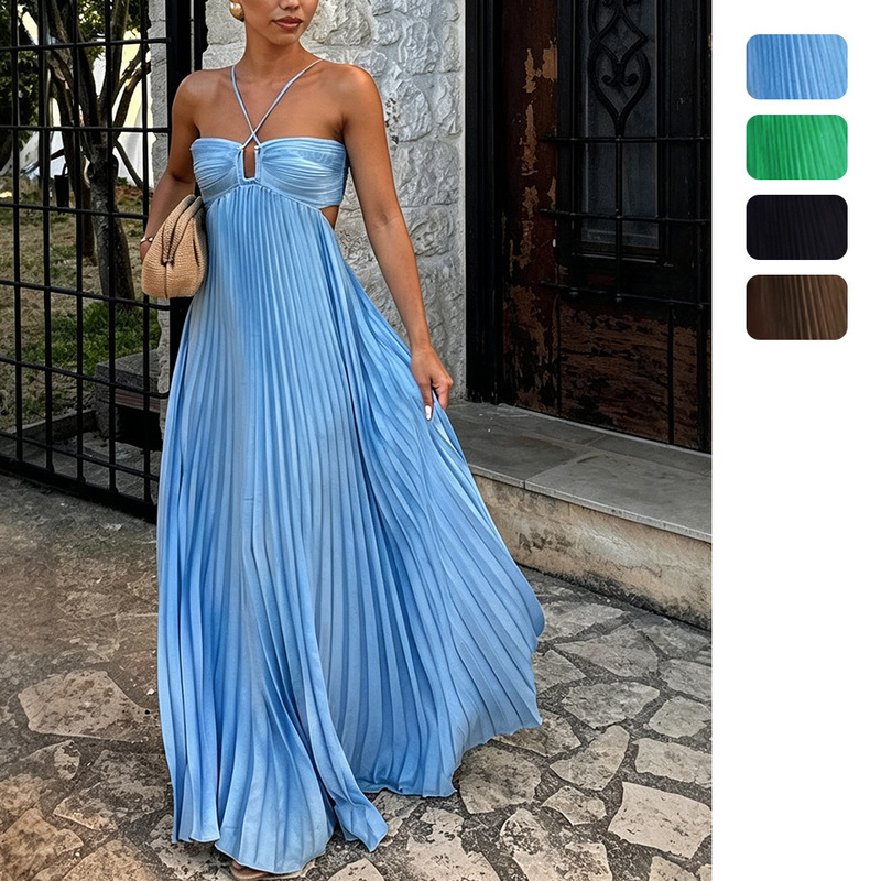 Independent Station Amazon European and American Women's Sweet Sexy Strap Tube Top Pleated dress Solid Color Women's 8135