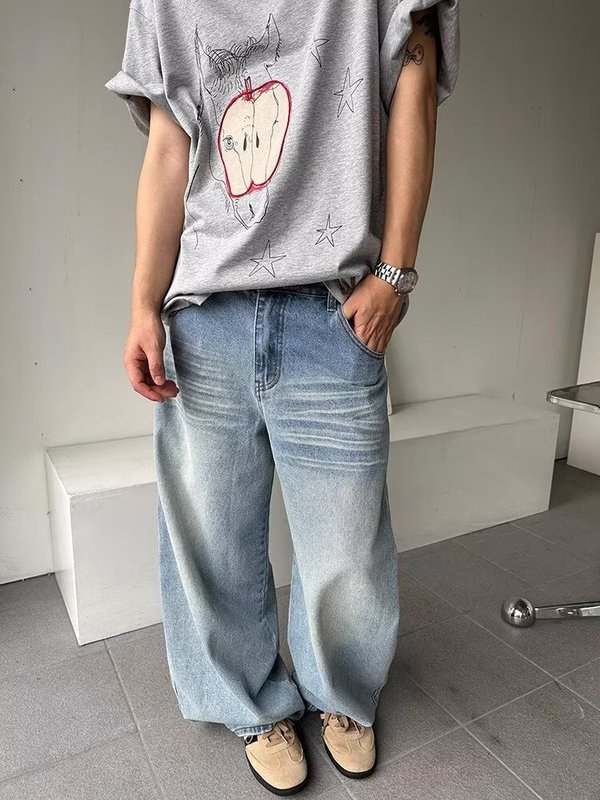 美式复古水洗猫须做旧口袋刺绣牛仔裤男女宽松休闲直筒阔腿长裤子|undefined