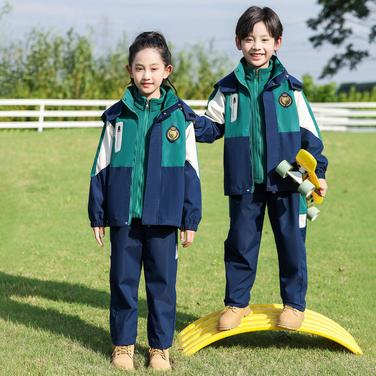 Primary School Uniform Jacket, Kindergarten Uniform, Kindergarten Warm Outdoor Outdoor Jacket Suit, Windproof Hiking Three-Piece Suit