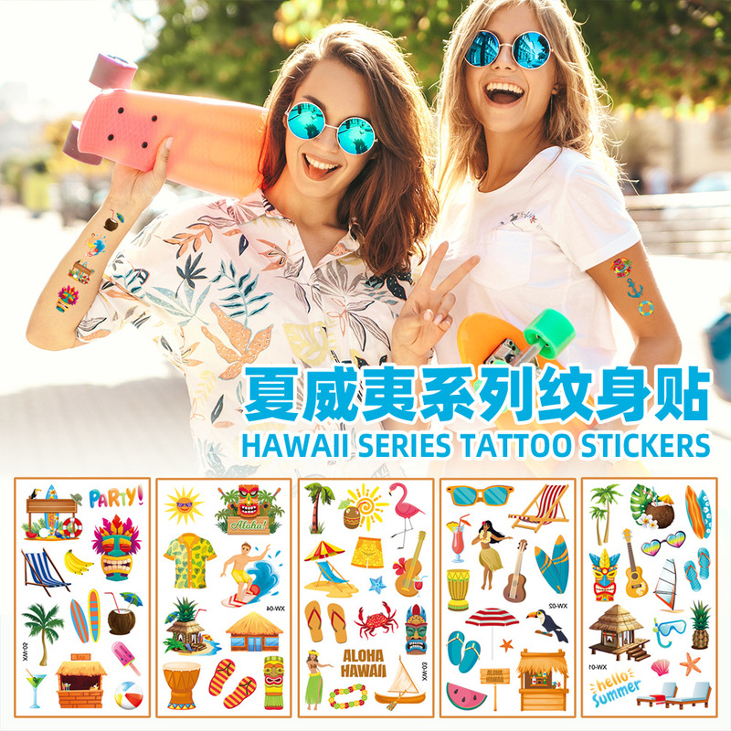 Cross-border New Summer Hawaiian Tattoo Waterproof Children's Cartoon Beach Distinctive Temporary Sticker for Tattoo