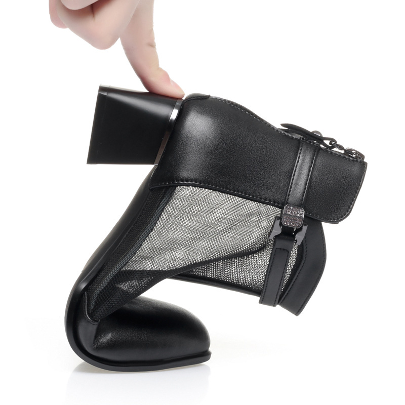 Boot nữ cổ thấp da lộn lưới gót vuông 6 cm — Xám gạo
