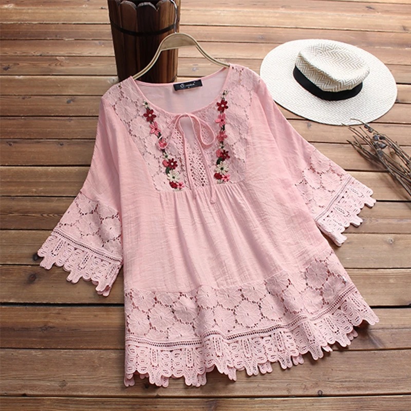 Elegantes Damen-Top mit V-Ausschnitt, Frühlings-/Sommerstil, Patchwork-Spitzenbesatz, lockere Passform, Baumwoll-Leinen-Mischung, europäischer und amerikanischer Stil_voghion.com