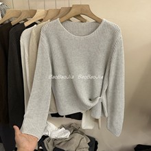 韩系圆领纯色镂空侧扣软糯针织衫女2025秋季新款休闲宽松长袖小衫