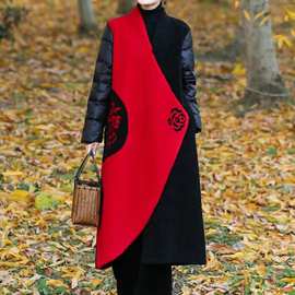 冬季2023毛呢款式女羽绒领民族外套V外套棉衣风复古袖撞色款刺绣