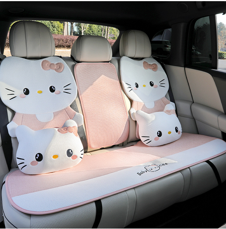 26 new linen car seat cushions, suitable for all seasons, breathable for summer, cute cartoon KT cat design for women, rear seat covers