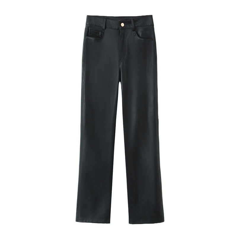Cross-Border Wholesale Women's New Style High-Waisted Straight-Leg Faux Leather Flared Ankle-Length Pants 4387287