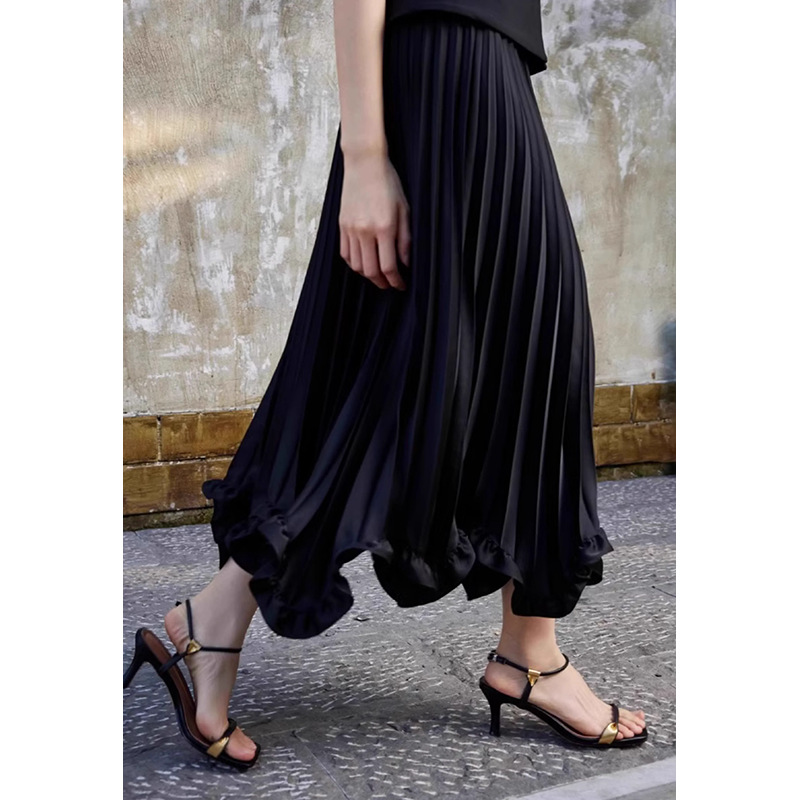 Women's Clothing ​Layered Petal Hem Pleated Midi Skirt – Elegant Office-to-Evening A-Line Skirt (Black)​_ecoleips.com