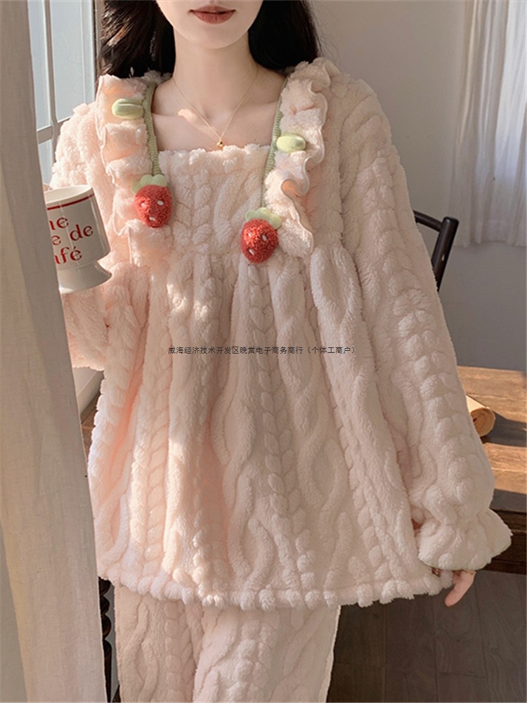 睡衣女款冬季珊瑚绒公主风加绒加厚法兰绒冬天长袖甜美家居服套装