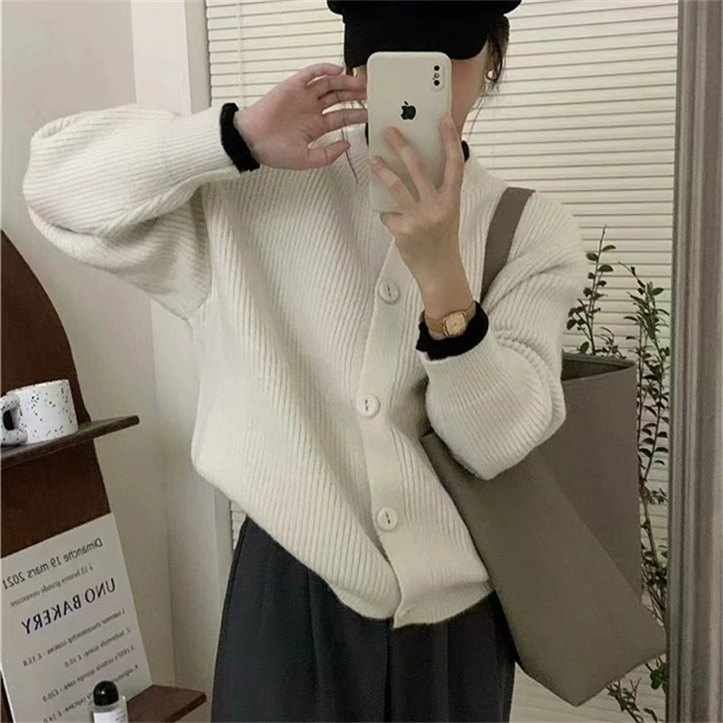 Круглый воротник сплошной трикотажный кардиган с длинными рукавами осень-зима новый дикий свободный ленивый повседневный свитер куртка