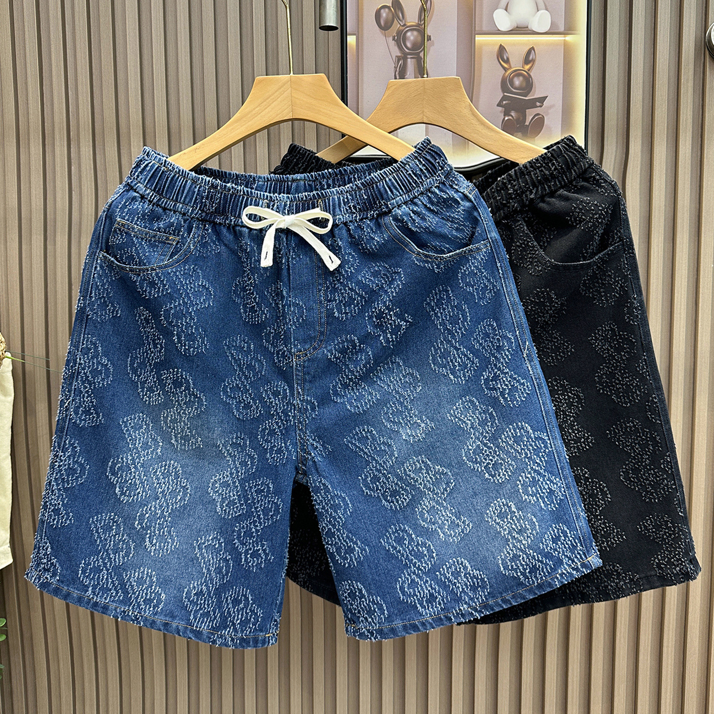 European Luxury Men's Jacquard Denim Shorts High End Summer Fashion Casual Beach Wear Five Point Straight Leg Pants_mkmklike.com