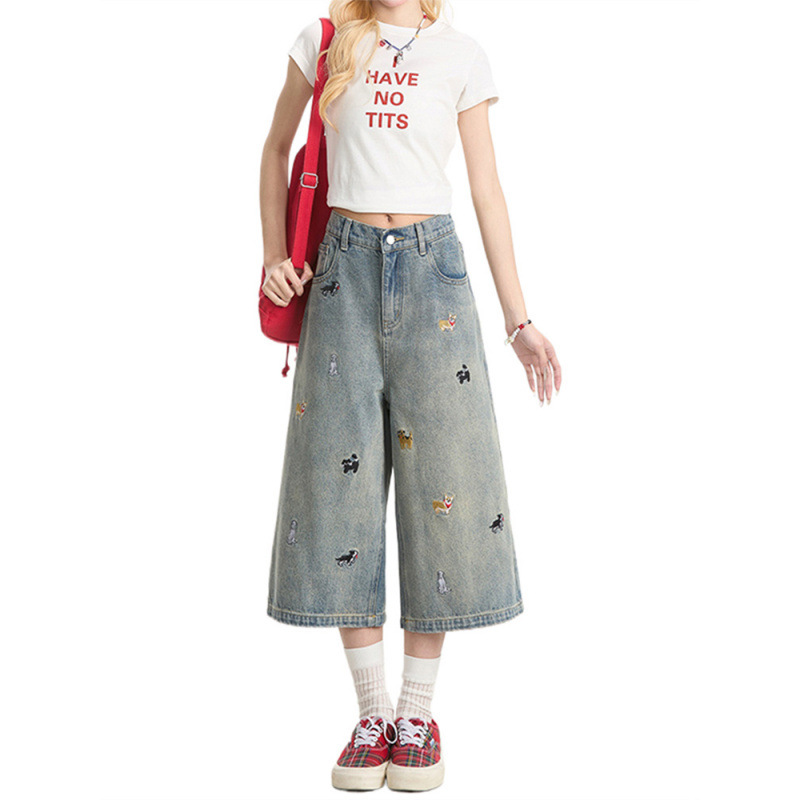 Puppy Embroidered Jeans for Women, Summer New Style, Plus-Size Shorts for Curvy Figures, Slimming Wide-Leg Cropped Pants