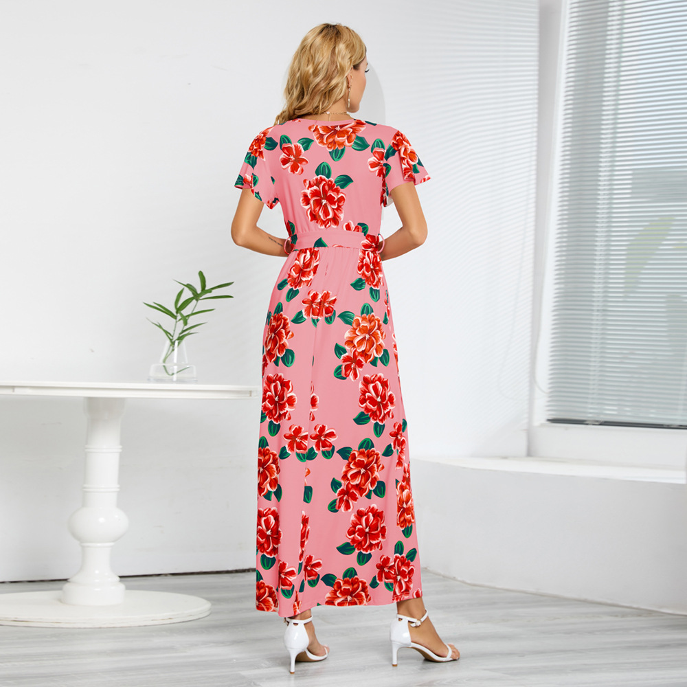 Fashion Flower V Neck Short Sleeve Printing Polyester Maxi Long Dress A-Line Skirt