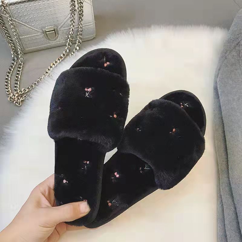 Factory wholesale Four Seasons new open-toe fur TPR flat-bottomed non-slip embroidered soft-bottomed women's cotton mop