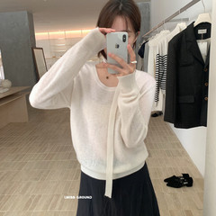 I MISS韩标2025秋季新款设计感u领飘带100%羊毛针织衫纯色上衣女