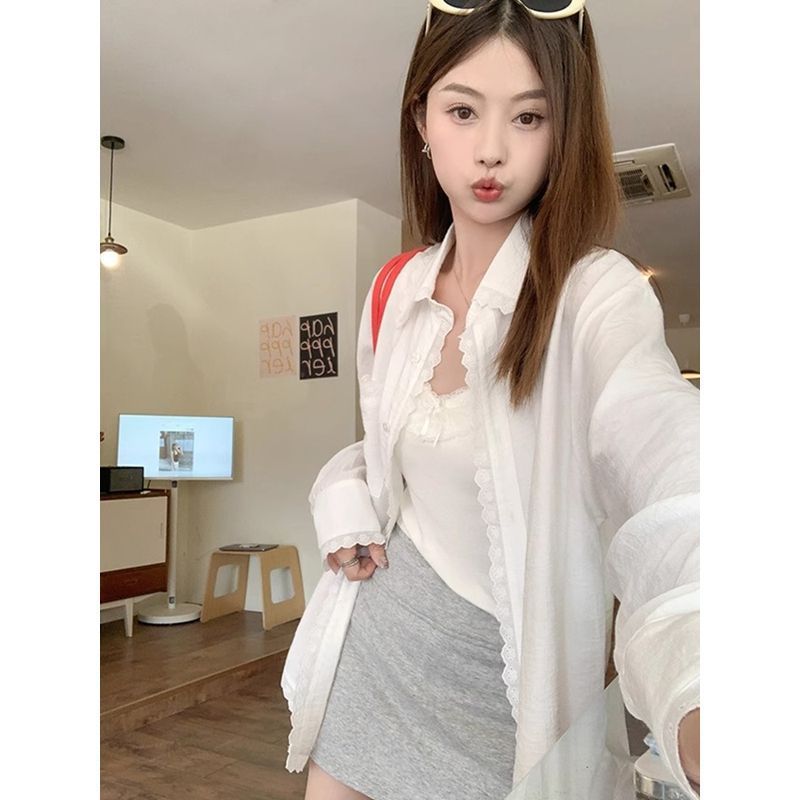 白色拼接蕾丝防晒长袖衬衫外套女中长款夏季宽松衬衣2025新款上衣|undefined