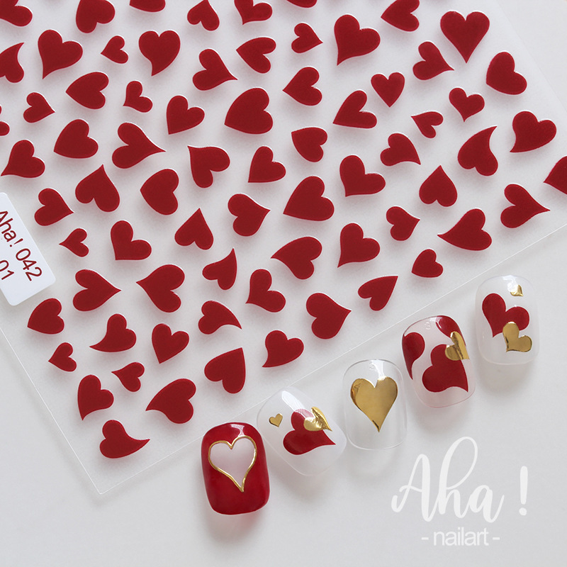 Aha Nail Glue Sticker ins Hot Stamping Silver Black and White Red Hollow Heart-shaped Pattern Nail Jewelry Decal