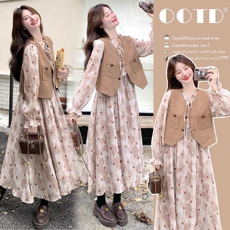 Maternity wear 2026 spring new style super stylish retro vest polka dot dress two-piece set brown vest linen Maternity wear 2026 spring new style super stylish retro vest polka dot dress two-piece set brown vest linen