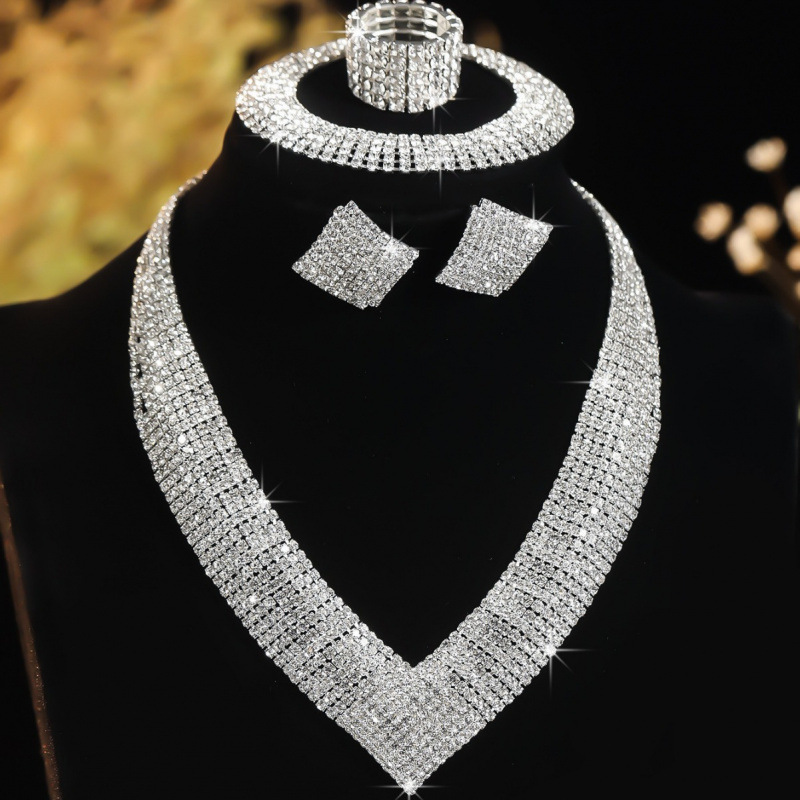 Fashionable popular atmospheric rhinestone silver plated bridal jewelry necklace bracelet elastic ring suit dress_voghion.com