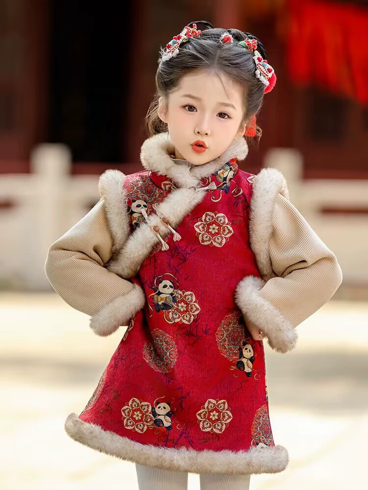 Новогодняя одежда для девочек Cheongsam осенью и зимой 2024 новый красный праздничный китайский стиль