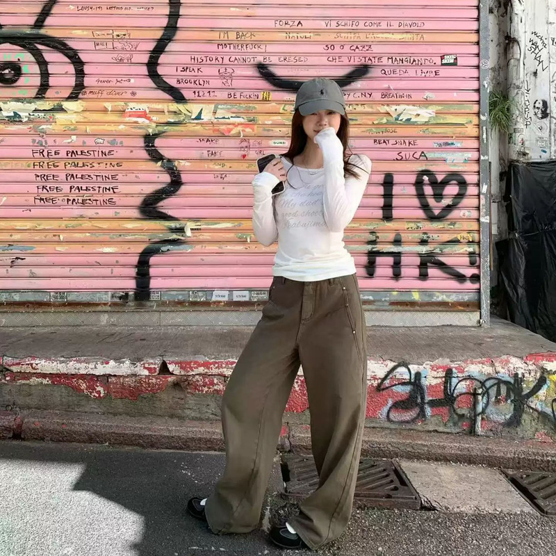 Im California Highway' American Retro Straight Pants for Women, Simple Rivets, Loose Lazy Work Jeans for Women