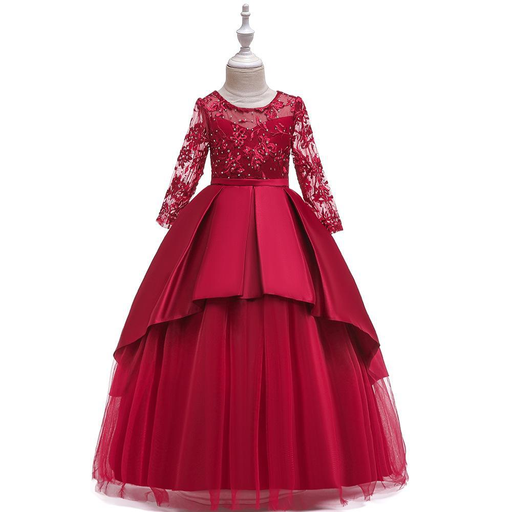 Vestido largo para niños ins vestido de princesa bordado de malla nuevo vestido de novia de manga larga para niñas fregona larga