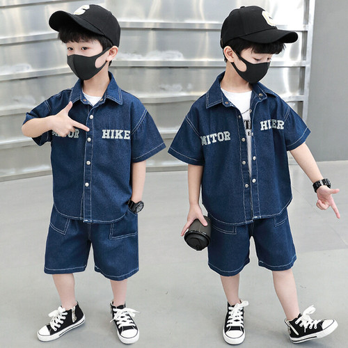 Boys' embroidered letter denim suit  summer clothing children's trendy brand handsome two-piece set foreign trade children's clothing for small and medium-sized children
