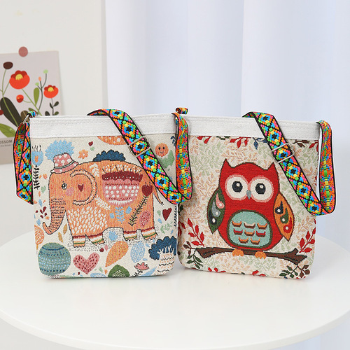 Manufacturer wholesale new cartoon texture western style crossbody bag for going out double-sided casual embroidered ethnic style canvas bag
