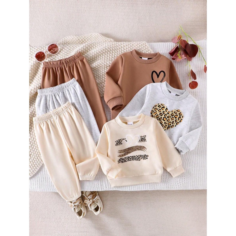 Cross border Long Sleeve Heart Print Sweatshirt And Pants Set Knitted
