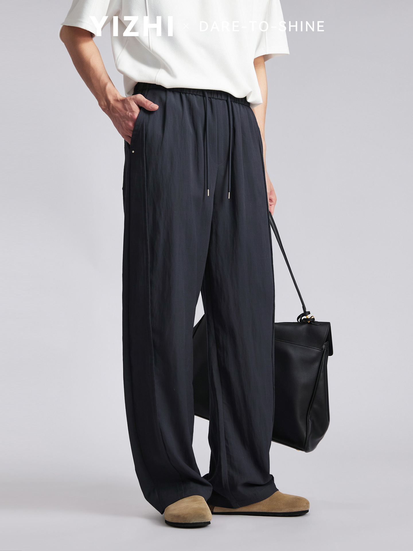 Quần dài nam ống rộng chất liệu linen phong cách mùa hè — đen