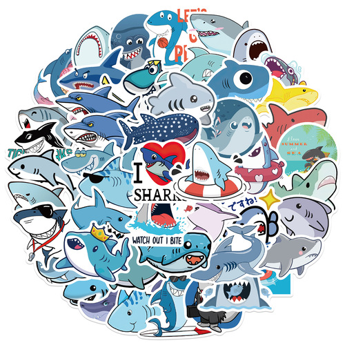50 Cartoon Shark Animal Stickers Decorative Luggage Laptop Phone Case Waterproof Removable Non-Duplicate Stickers
