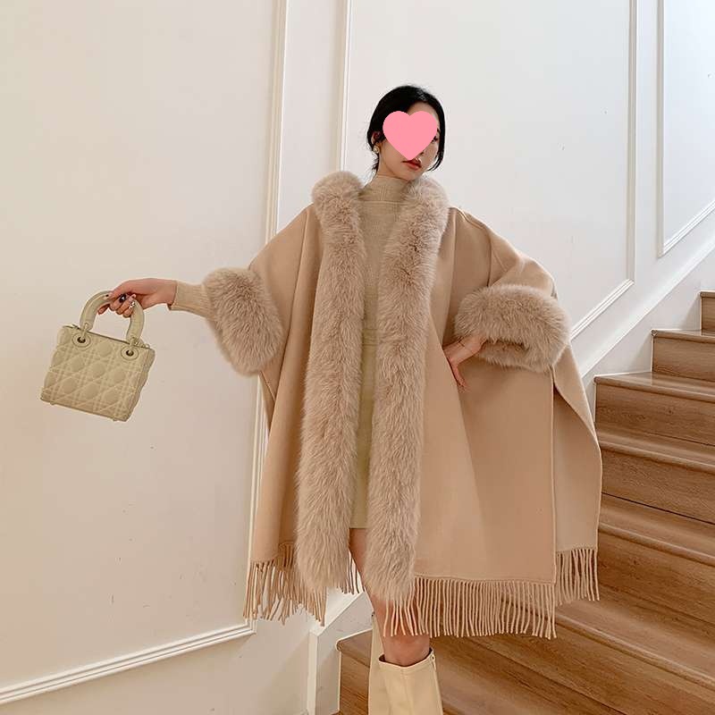 청삼 중장 모직 외투로 프린지 목도리 여자 흰목도리 판초코트 여자 가을 · 겨울 기모 두껍게